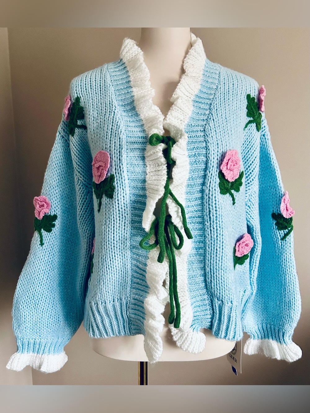 NWT - Cider Cardigan w Crocheted Accents, Frilled Edges & Tie Front - Picture 4 of 12